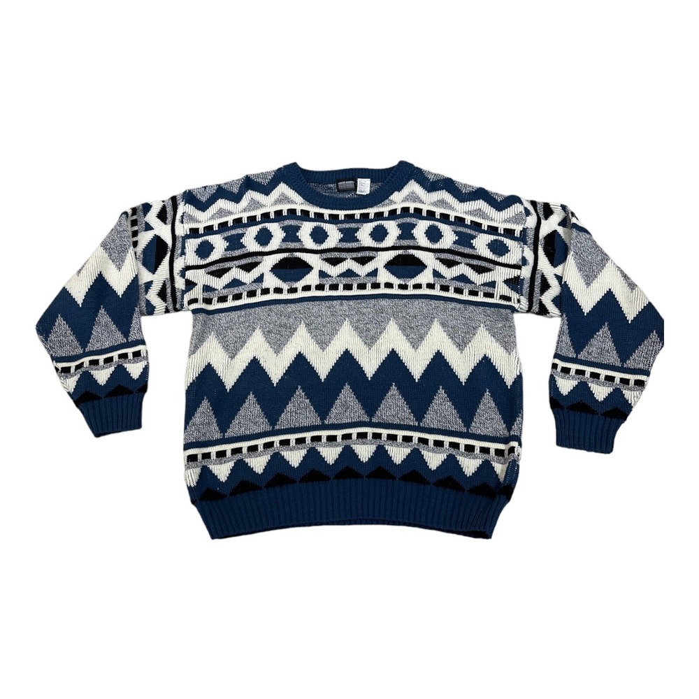 Knights Bridge Aztec Sweater Men XL Blue White Chunky Knit Pullover Southwestern